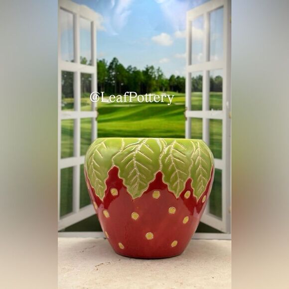 Strawberry (LG) Handcrafted Red/Green/Yellow Ceramic Planter Pot - Picture 3 of 9